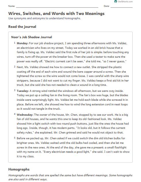 Wires, Switches, and Words with Two Meanings worksheet preview