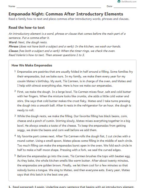 Empanada Night: Commas After Introductory Elements worksheet preview