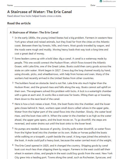 A Staircase of Water: The Erie Canal worksheet preview