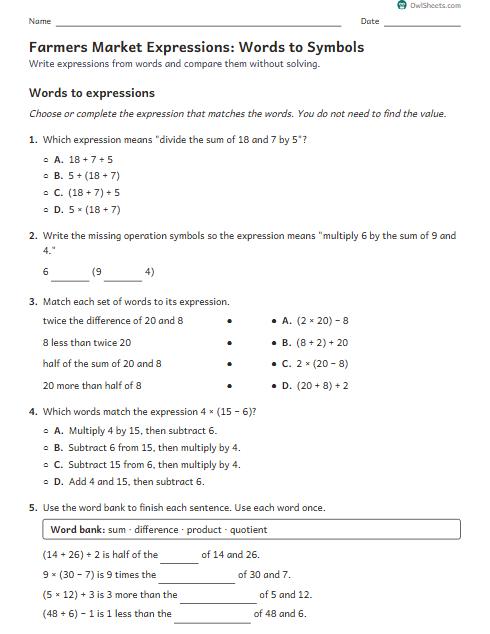 Farmers Market Expressions: Words to Symbols worksheet preview