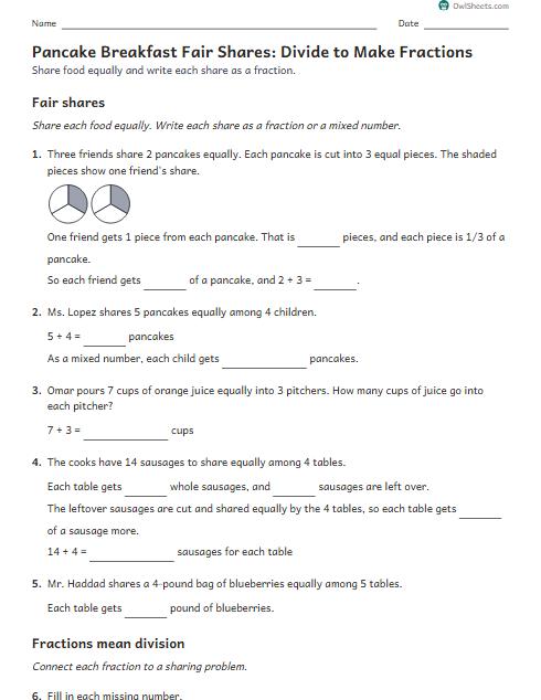 Pancake Breakfast Fair Shares: Divide to Make Fractions worksheet preview