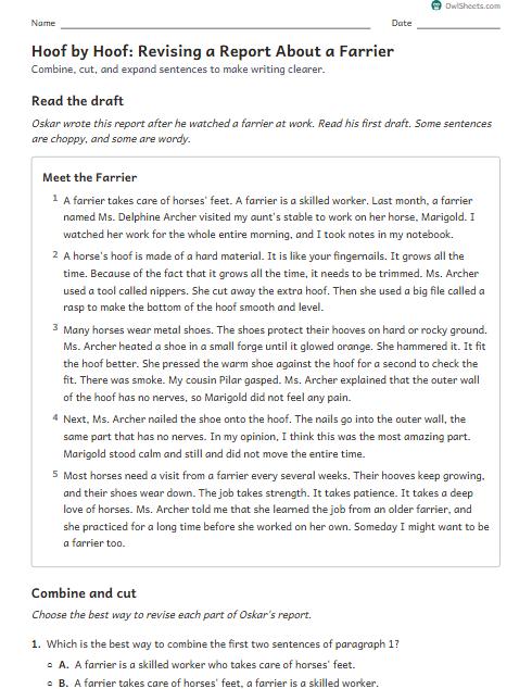Hoof by Hoof: Revising a Report About a Farrier worksheet preview