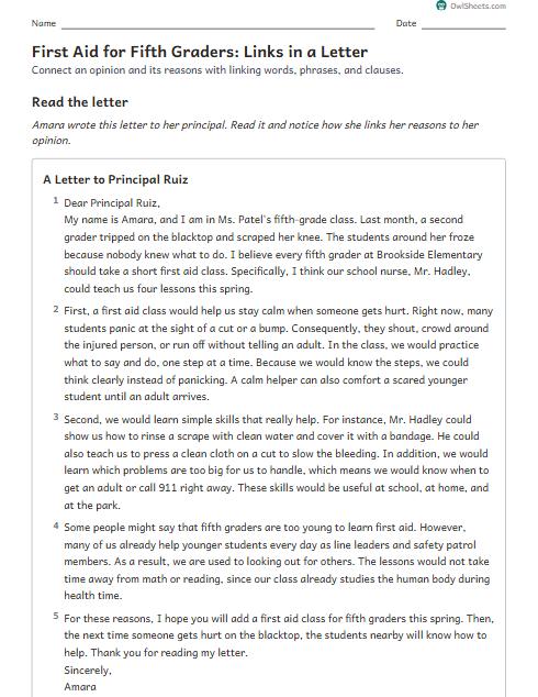 First Aid for Fifth Graders: Links in a Letter worksheet preview