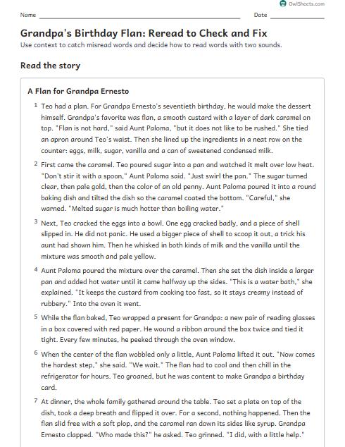 Grandpa's Birthday Flan: Reread to Check and Fix worksheet preview