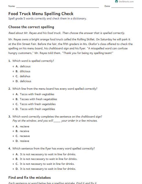 Food Truck Menu Spelling Check worksheet preview