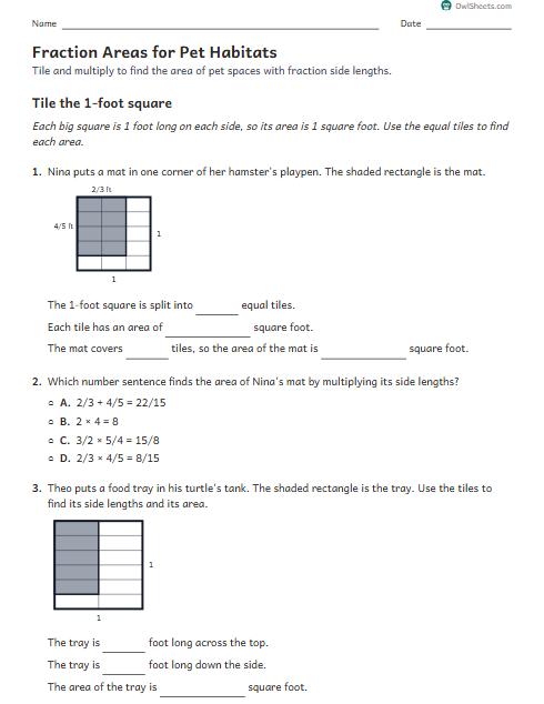 Fraction Areas for Pet Habitats worksheet preview