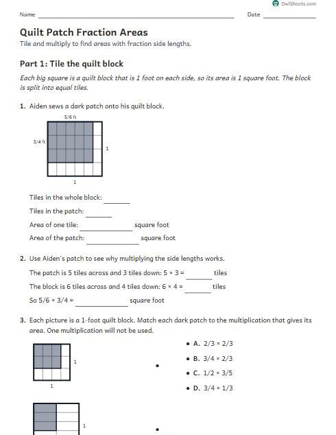 Quilt Patch Fraction Areas worksheet preview