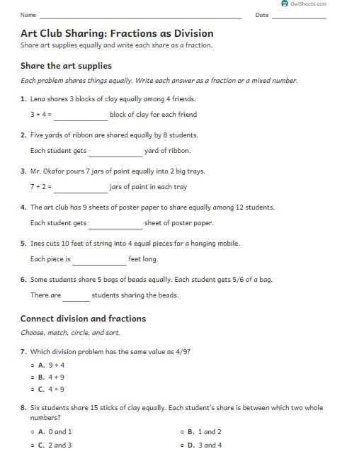 Art Club Sharing: Fractions as Division worksheet preview