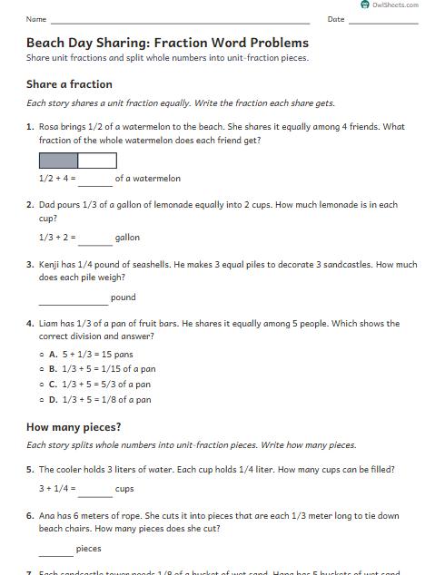 Beach Day Sharing: Fraction Word Problems worksheet preview