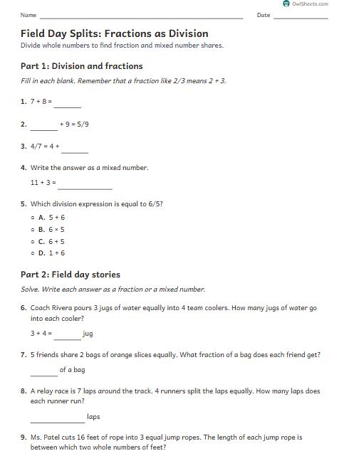 Field Day Splits: Fractions as Division worksheet preview