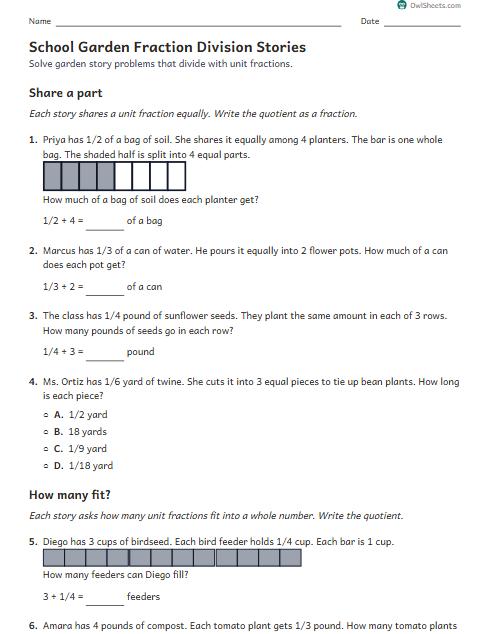 School Garden Fraction Division Stories worksheet preview