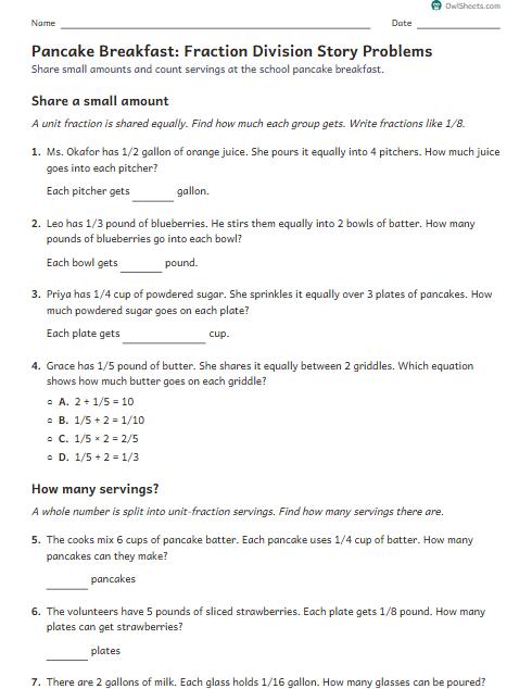 Pancake Breakfast: Fraction Division Story Problems worksheet preview