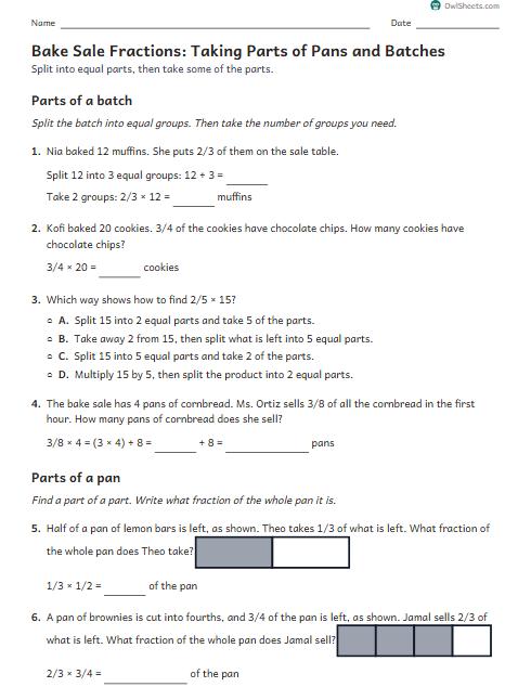 Bake Sale Fractions: Taking Parts of Pans and Batches worksheet preview