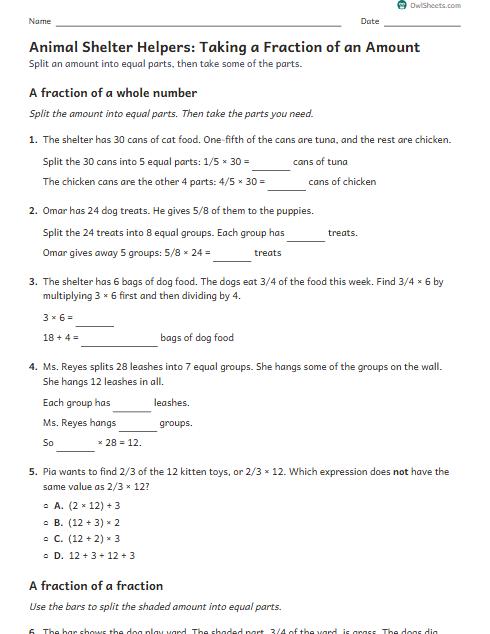 Animal Shelter Helpers: Taking a Fraction of an Amount worksheet preview