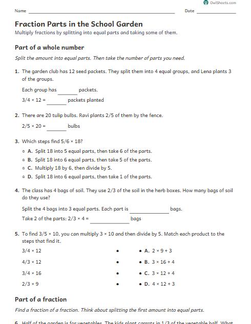 Fraction Parts in the School Garden worksheet preview