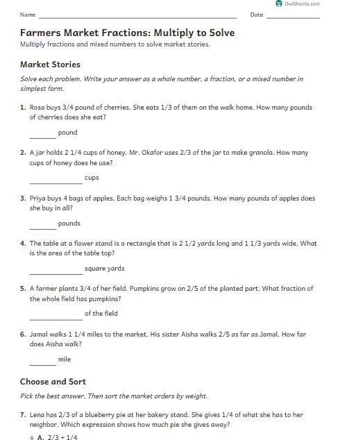Farmers Market Fractions: Multiply to Solve worksheet preview