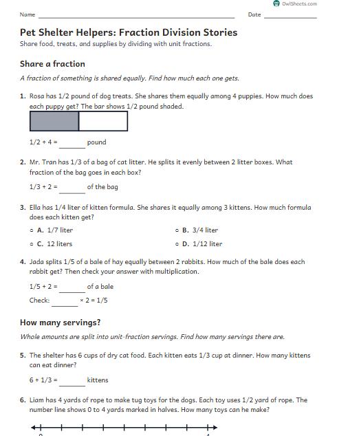 Pet Shelter Helpers: Fraction Division Stories worksheet preview