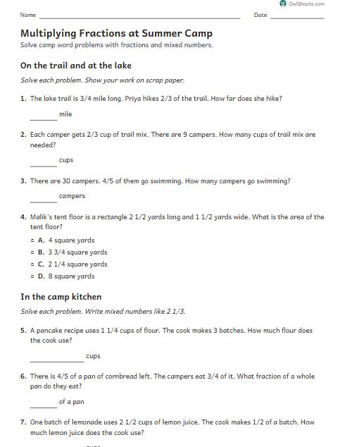 Multiplying Fractions at Summer Camp worksheet preview