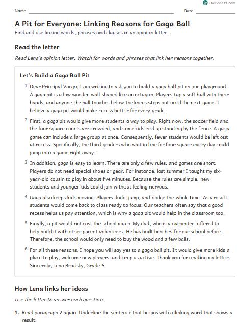A Pit for Everyone: Linking Reasons for Gaga Ball worksheet preview