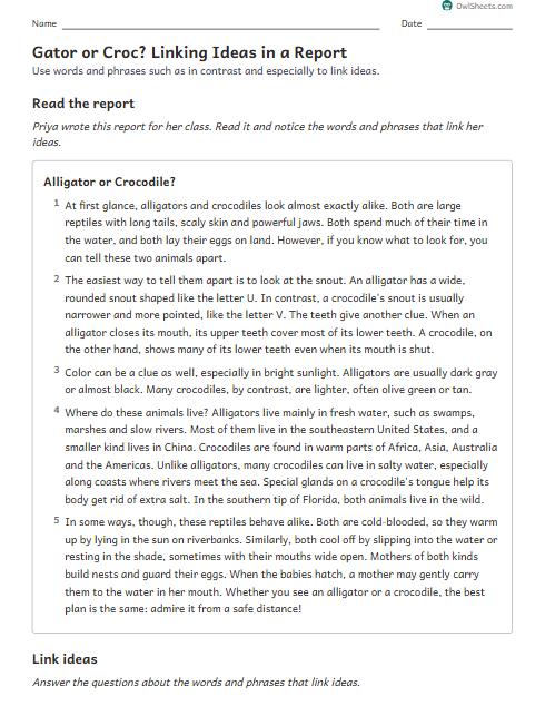 Gator or Croc? Linking Ideas in a Report worksheet preview