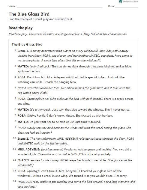 The Blue Glass Bird worksheet preview
