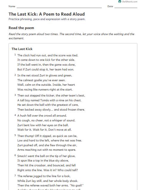 The Last Kick: A Poem to Read Aloud worksheet preview