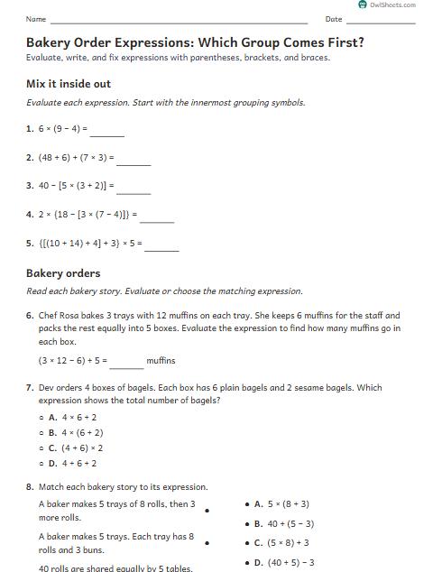 Bakery Order Expressions: Which Group Comes First? worksheet preview