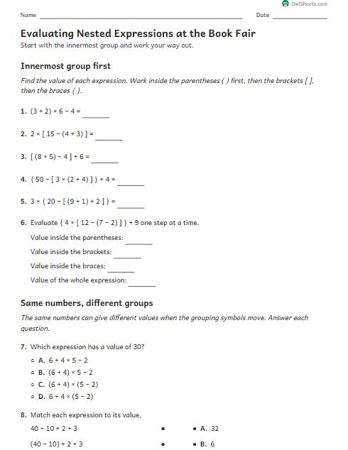 Evaluating Nested Expressions at the Book Fair worksheet preview
