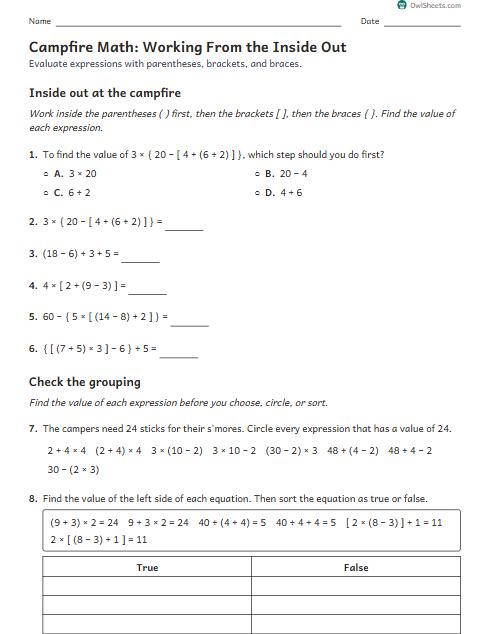 Campfire Math: Working From the Inside Out worksheet preview