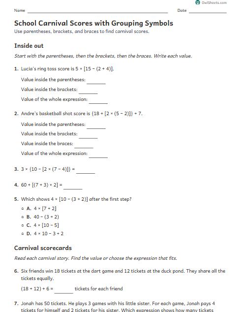 School Carnival Scores with Grouping Symbols worksheet preview