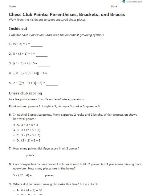 Chess Club Points: Parentheses, Brackets, and Braces worksheet preview