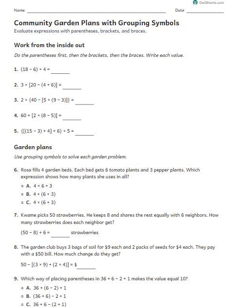 Community Garden Plans with Grouping Symbols worksheet preview
