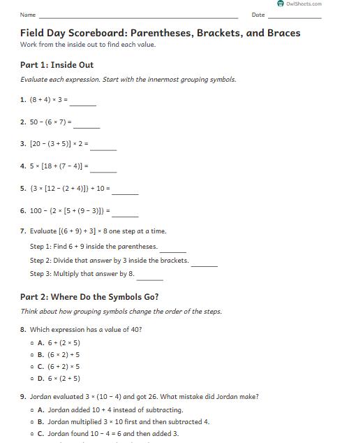 Field Day Scoreboard: Parentheses, Brackets, and Braces worksheet preview