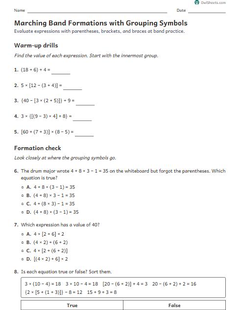 Marching Band Formations with Grouping Symbols worksheet preview