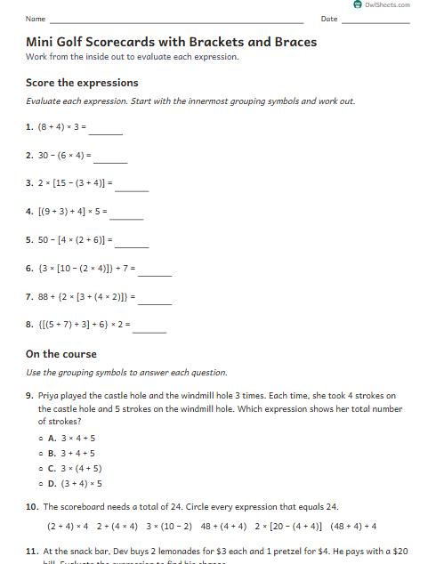 Mini Golf Scorecards with Brackets and Braces worksheet preview