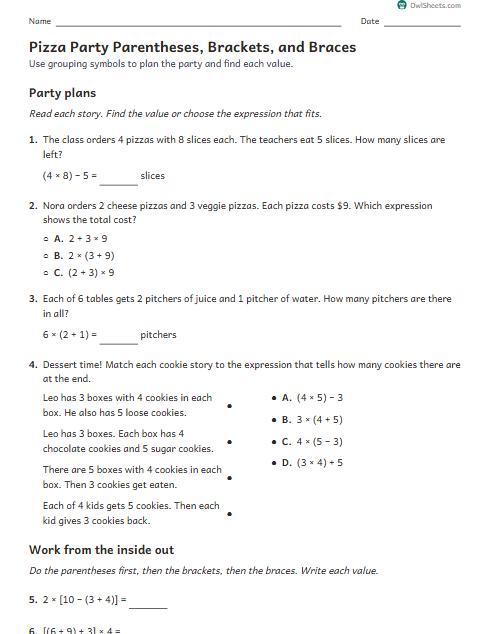 Pizza Party Parentheses, Brackets, and Braces worksheet preview