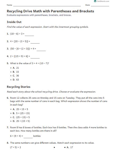 Recycling Drive Math with Parentheses and Brackets worksheet preview