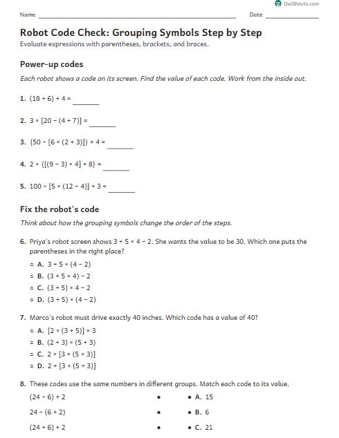 Robot Code Check: Grouping Symbols Step by Step worksheet preview