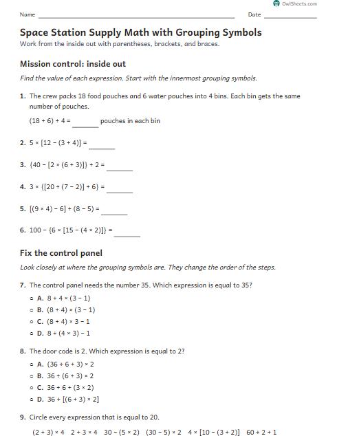 Space Station Supply Math with Grouping Symbols worksheet preview