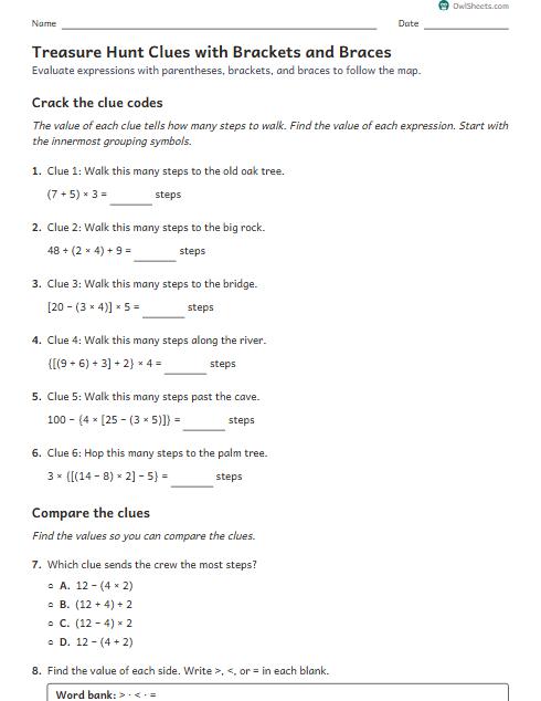 Treasure Hunt Clues with Brackets and Braces worksheet preview