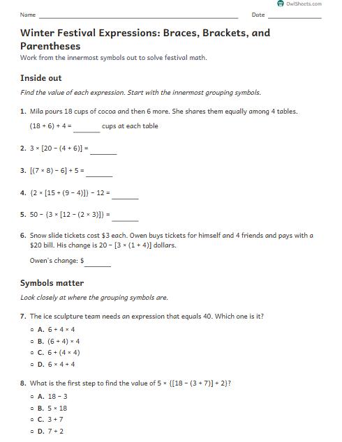Winter Festival Expressions: Braces, Brackets, and Parentheses worksheet preview