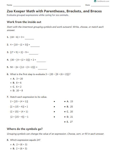 Zoo Keeper Math with Parentheses, Brackets, and Braces worksheet preview