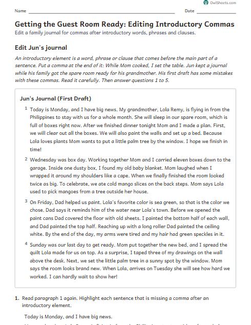 Getting the Guest Room Ready: Editing Introductory Commas worksheet preview