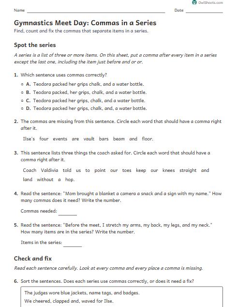 Gymnastics Meet Day: Commas in a Series worksheet preview