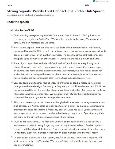 Strong Signals: Words That Connect in a Radio Club Speech worksheet preview
