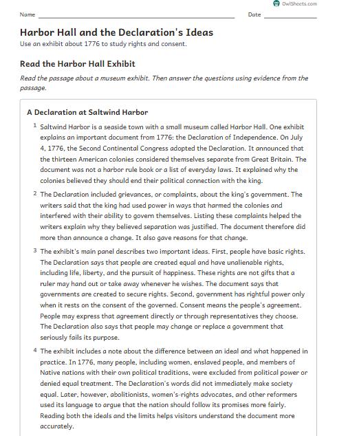 Harbor Hall and the Declaration's Ideas worksheet preview