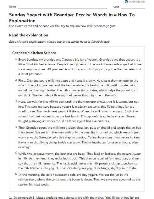 Sunday Yogurt with Grandpa: Precise Words in a How-To Explanation worksheet preview