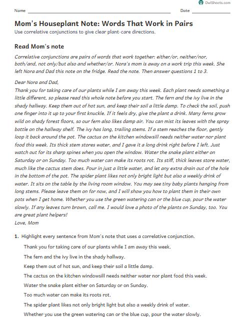 Mom's Houseplant Note: Words That Work in Pairs worksheet preview