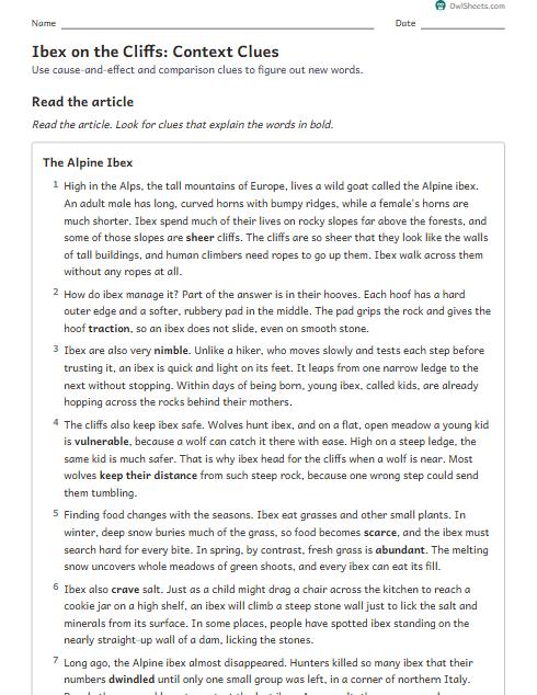 Ibex on the Cliffs: Context Clues worksheet preview