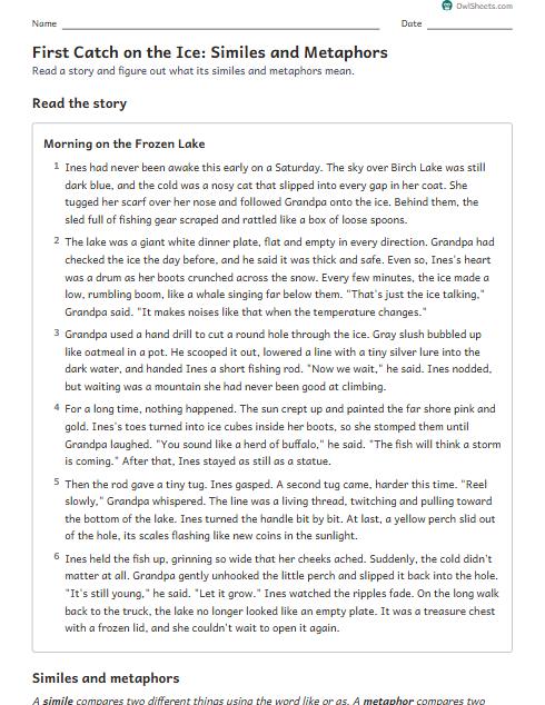 First Catch on the Ice: Similes and Metaphors worksheet preview